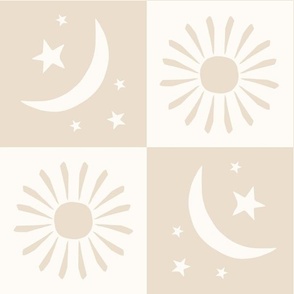 Celestial Sun, Moon and Stars Checkerboard in Warm Sand Beige and White (6" tile) 