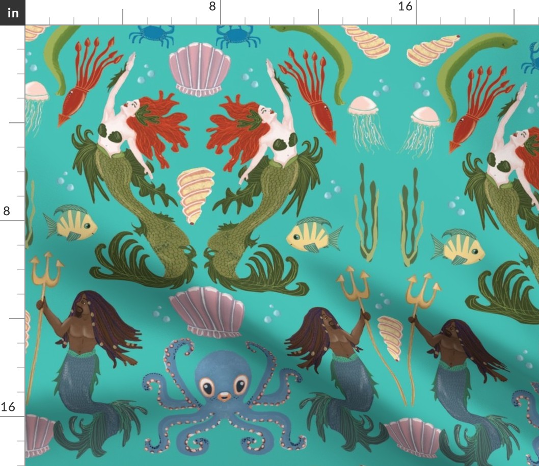 Under the Sea Merpeople Mermaid Merman Neptune teal green colorful sea creatures arts and crafts flourish