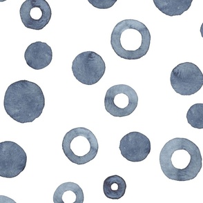 large-Indigo blue hand-painted watercolor circles tossed on white