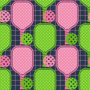 Large Scale Pickleball Paddles and Balls in Preppy Green and Pink on Navy