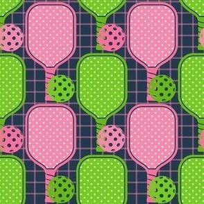 Medium Scale Pickleball Paddles and Balls in Preppy Green and Pink on Navy