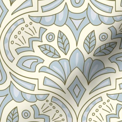 (L) French Country Medallion Ogee Pretty Soft Blue and Cream Modern Damask