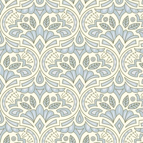 (L) French Country Medallion Ogee Pretty Soft Blue and Cream Modern Damask