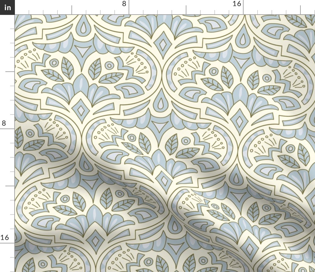 (L) French Country Medallion Ogee Pretty Soft Blue and Cream Modern Damask