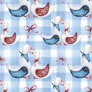 Chic Country Geese - French Country - Rustic - Soft Blue Stripes - Plaid, Check, Gingham - Watercolor Hand Drawn