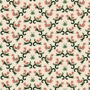 Damask Floral with Stencil-berry bright red, coral and greens on warm offwhite-13x4.5in  