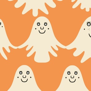 Happy-beige-white-ghosts-in-horizontal-rows-on-soft-orange-XL-jumbo-scale-for-wallpaper N