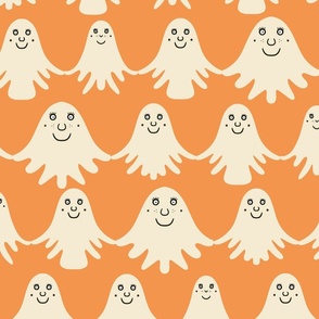 Happy-beige-white-ghosts-in-horizontal-rows-on-soft-orange-L-in-large-scale-for-halloween-bedding N