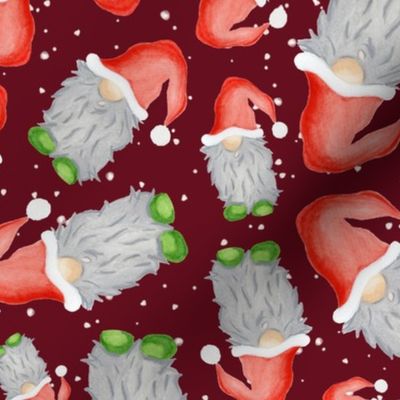 Scattered Funny Watercolour Green and Red with Grey Beard Christmas Gnomes - Crimson Red