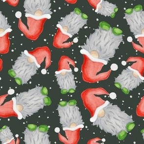 Scattered Funny Watercolour Green and Red with Grey Beard Christmas Gnomes - Dark Green