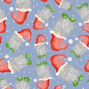 Scattered Funny Watercolour Green and Red with Grey Beard Christmas Gnomes - Sky Blue