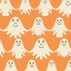 Happy-beige-white-ghosts-in-horizontal-rows-on-soft-orange-M-medium-scale-for-pillows N