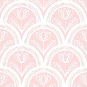 White Scallop Folk Floral with Blush Background
