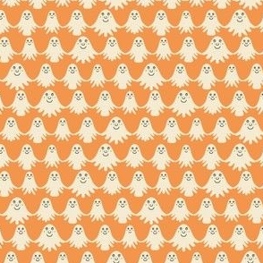 Happy-beige-white-ghosts-in-horizontal-rows-on-soft-orange-XS-tiny-scale-for-patchwork N