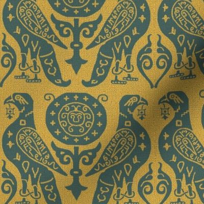 medieval bird damask, Prussian blue on goldenrod