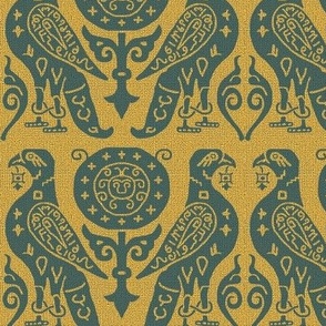 medieval bird damask, Prussian blue on goldenrod