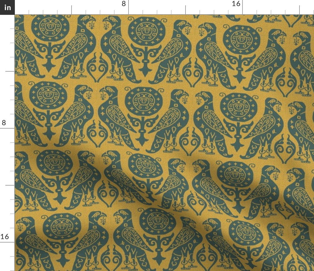 medieval bird damask - Prussian blue on goldenrod