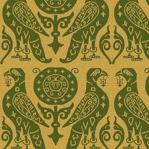 medieval bird damask, green on goldenrod