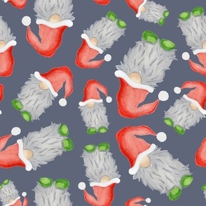 Scattered Funny Watercolour Green and Red with Grey Beard Christmas Gnomes- Navy