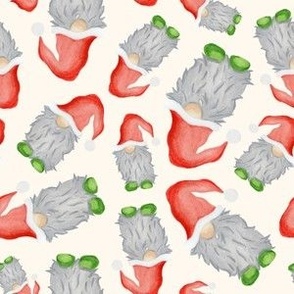 Scattered Funny Watercolour Green and Red with Grey Beard Christmas Gnomes - Cream