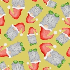 Scattered Funny Watercolour Green and Red with Grey Beard Christmas Gnomes - Yellow Green