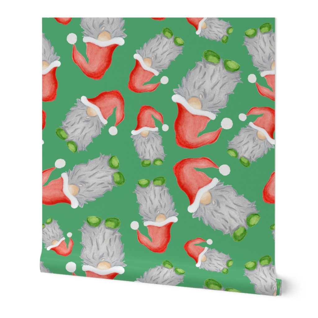 Scattered Funny Watercolour Green and Red with Grey Beard Christmas Gnomes - Green