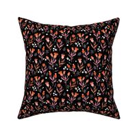 Flower night thistles and daisies summer garden colorful retro style blossom orange pink on black SMALL 