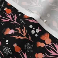 Flower night thistles and daisies summer garden colorful retro style blossom orange pink on black SMALL 