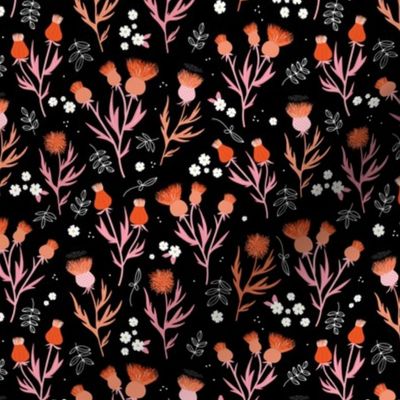 Flower night thistles and daisies summer garden colorful retro style blossom orange pink on black SMALL 