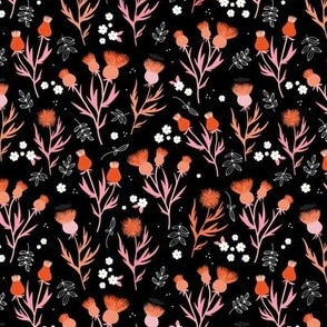 Flower night thistles and daisies summer garden colorful retro style blossom orange pink on black SMALL 