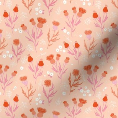 Flower night thistles and daisies summer garden colorful retro style blossom orange pink on blush SMALL 