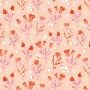 Flower night thistles and daisies summer garden colorful retro style blossom orange pink on blush SMALL 