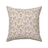 Flower night thistles and daisies summer garden colorful retro style blossom violet purple lilac green mint on beige sand SMALL 