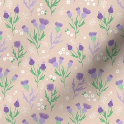 Flower night thistles and daisies summer garden colorful retro style blossom violet purple lilac green mint on beige sand SMALL 