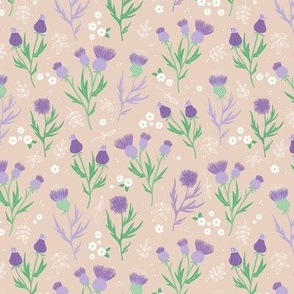 Flower night thistles and daisies summer garden colorful retro style blossom violet purple lilac green mint on beige sand SMALL 