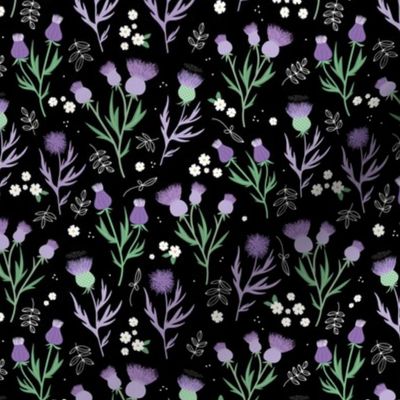 Flower night thistles and daisies summer garden colorful retro style blossom lilac purple green mint on black SMALL 