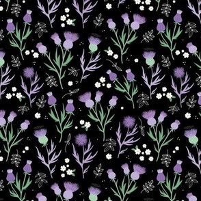 Flower night thistles and daisies summer garden colorful retro style blossom lilac purple green mint on black SMALL 