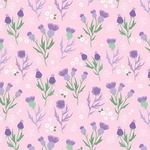 Flower night thistles and daisies summer garden colorful retro style lilac purple mint on pink SMALL 