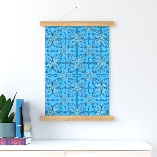 Flower Tile Grid, Black and Blue on Bright Blue - Summer Flower Collection  