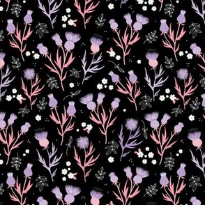 Flower night thistles and daisies summer garden colorful retro style lilac purple pink on black SMALL