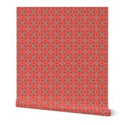 Flower Tile Grid, Black and Orange on Red- Summer Flower Collection