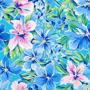 Hibiscus Heaven- Blue/Pink on Azure Blue