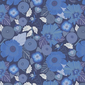 Blue Monochrome Floral/ Large/vector