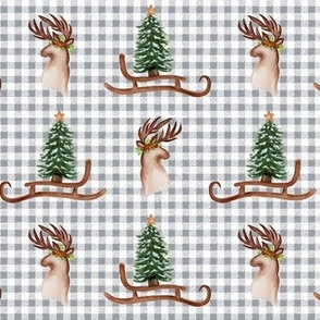Cozy Winter Deer, Fawn, Christmas Tree Sled, Holidays Plaid - White