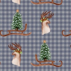 Cozy Winter Deer, Fawn, Christmas Tree Sled, Holidays Plaid - Navy Grey