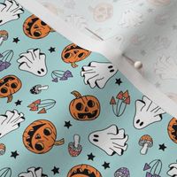 TINY Pumpkin Floral Mushrooms Groovy Fabric - Ghost and Pumpkins 4in