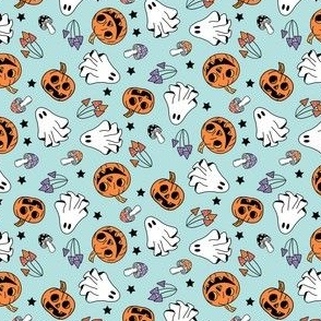 TINY Pumpkin Floral Mushrooms Groovy Fabric - Ghost and Pumpkins 4in