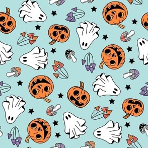 LARGE Pumpkin Floral Mushrooms Groovy Fabric - Ghost and Pumpkins 10in