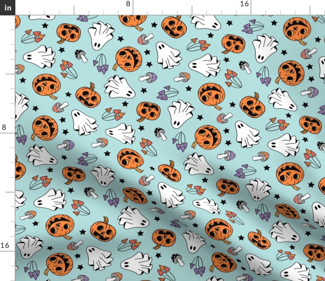 LARGE Pumpkin Floral Mushrooms Groovy Fabric - Ghost and Pumpkins 10in