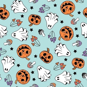 XLARGE Pumpkin Floral Mushrooms Groovy Fabric - Ghost and Pumpkins 12in